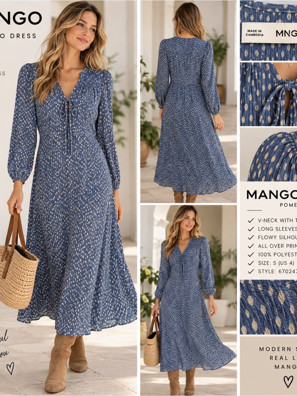 NWT Mango POMELO Blue Polka Dot Pleated Midi Maxi Dress S US 4